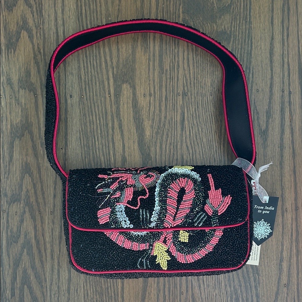Year of the Snake Beaded Shoulder Bag in Black and Pink